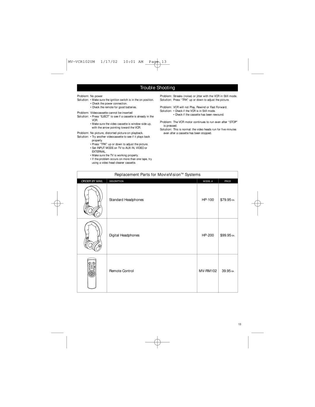 Magnadyne MV-1002 owner manual Trouble Shooting, Problem No power 