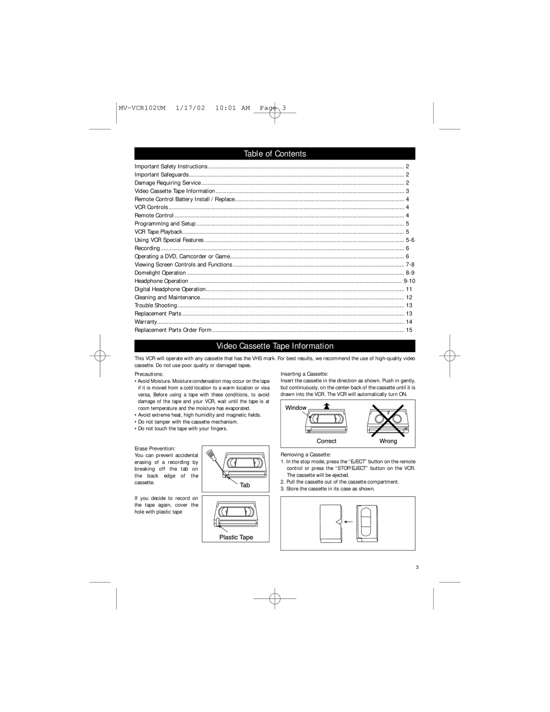 Magnadyne MV-1002 owner manual Table of Contents, Video Cassette Tape Information 