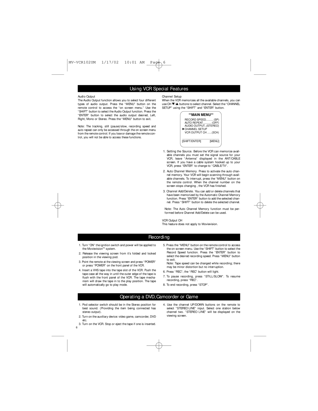 Magnadyne MV-1002 owner manual Recording, Operating a DVD,Camcorder or Game, Audio Output, Channel Setup, VCR Output CH 