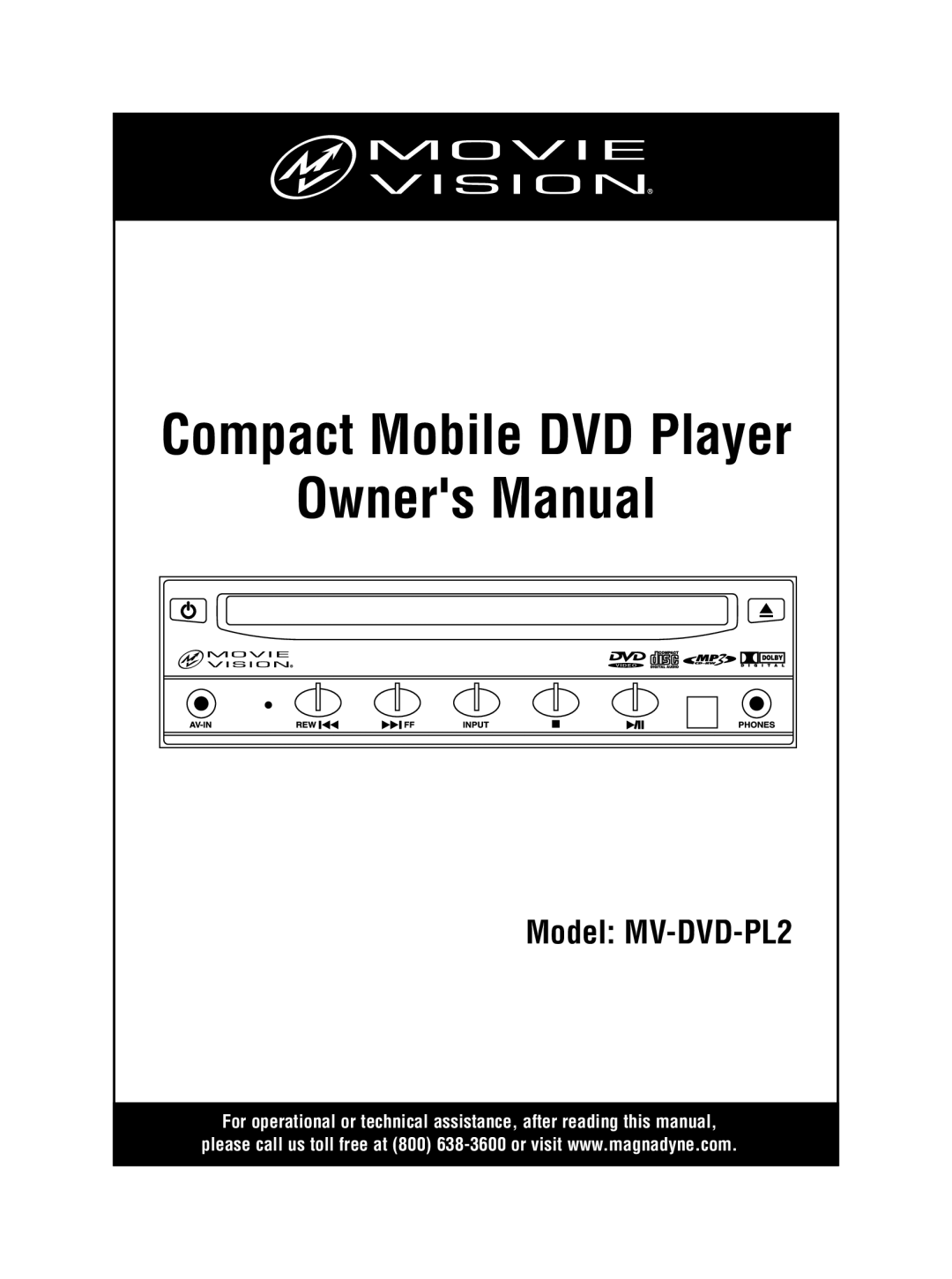 Magnadyne MV-DVD-PL2 owner manual Compact Mobile DVD Player 