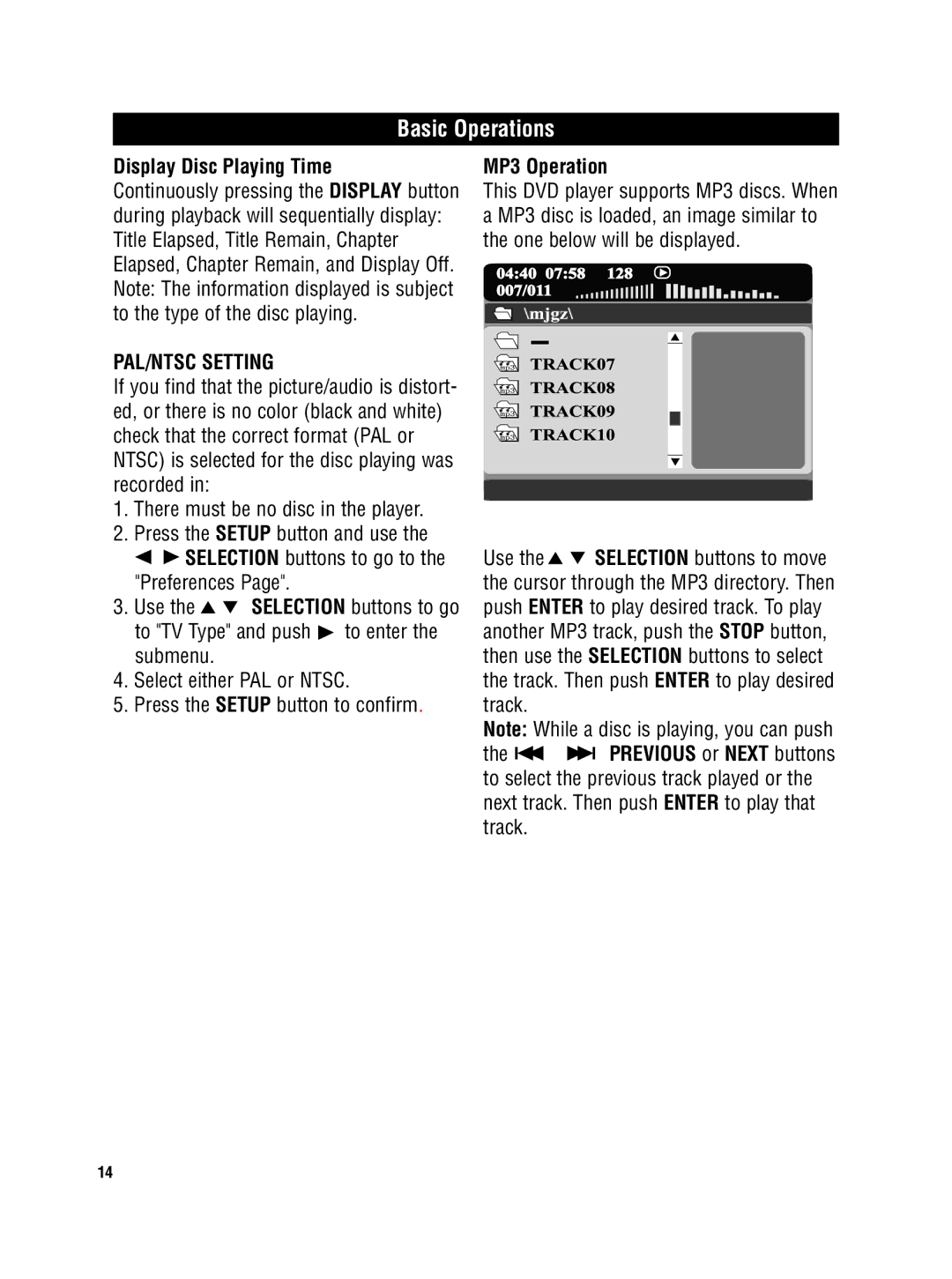 Magnadyne MV-DVD-PL2 owner manual Display Disc Playing Time, MP3 Operation 