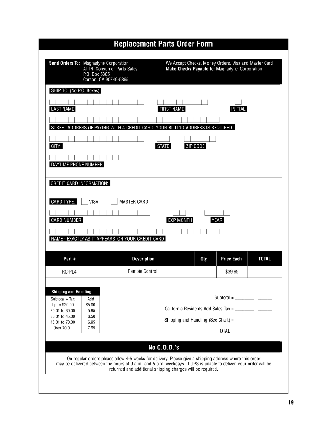 Magnadyne MV-DVD-PL2 owner manual Replacement Parts Order Form, Make Checks Payable to Magnadyne Corporation 