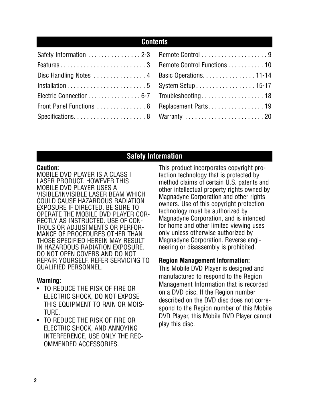 Magnadyne MV-DVD-PL2 owner manual Contents, Safety Information 