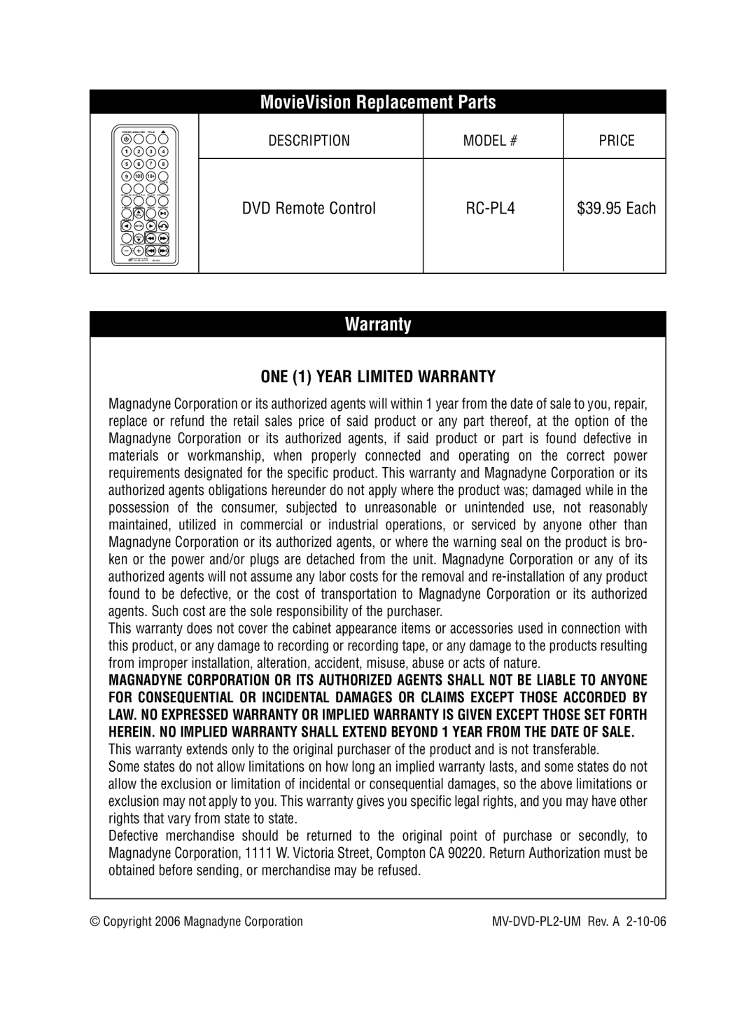 Magnadyne MV-DVD-PL2 owner manual MovieVision Replacement Parts, Warranty 