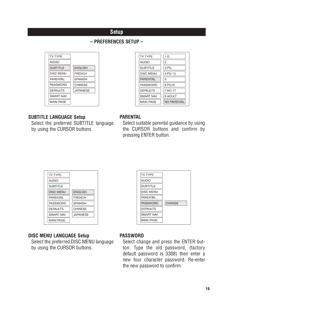 Magnadyne MV-DVD-PL3 owner manual Subtitle Language Setup, Parental, Disc Menu Language Setup, Password 