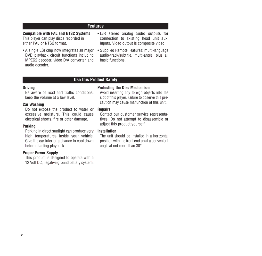 Magnadyne MV-DVD-PL3 owner manual Features, Use this Product Safely 