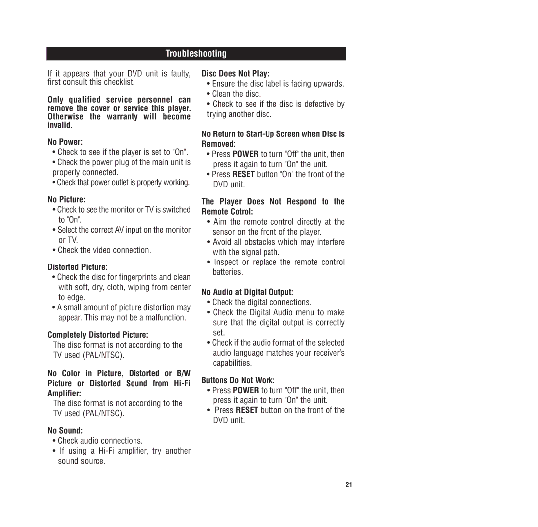 Magnadyne MV-DVD-PL3 owner manual Troubleshooting 