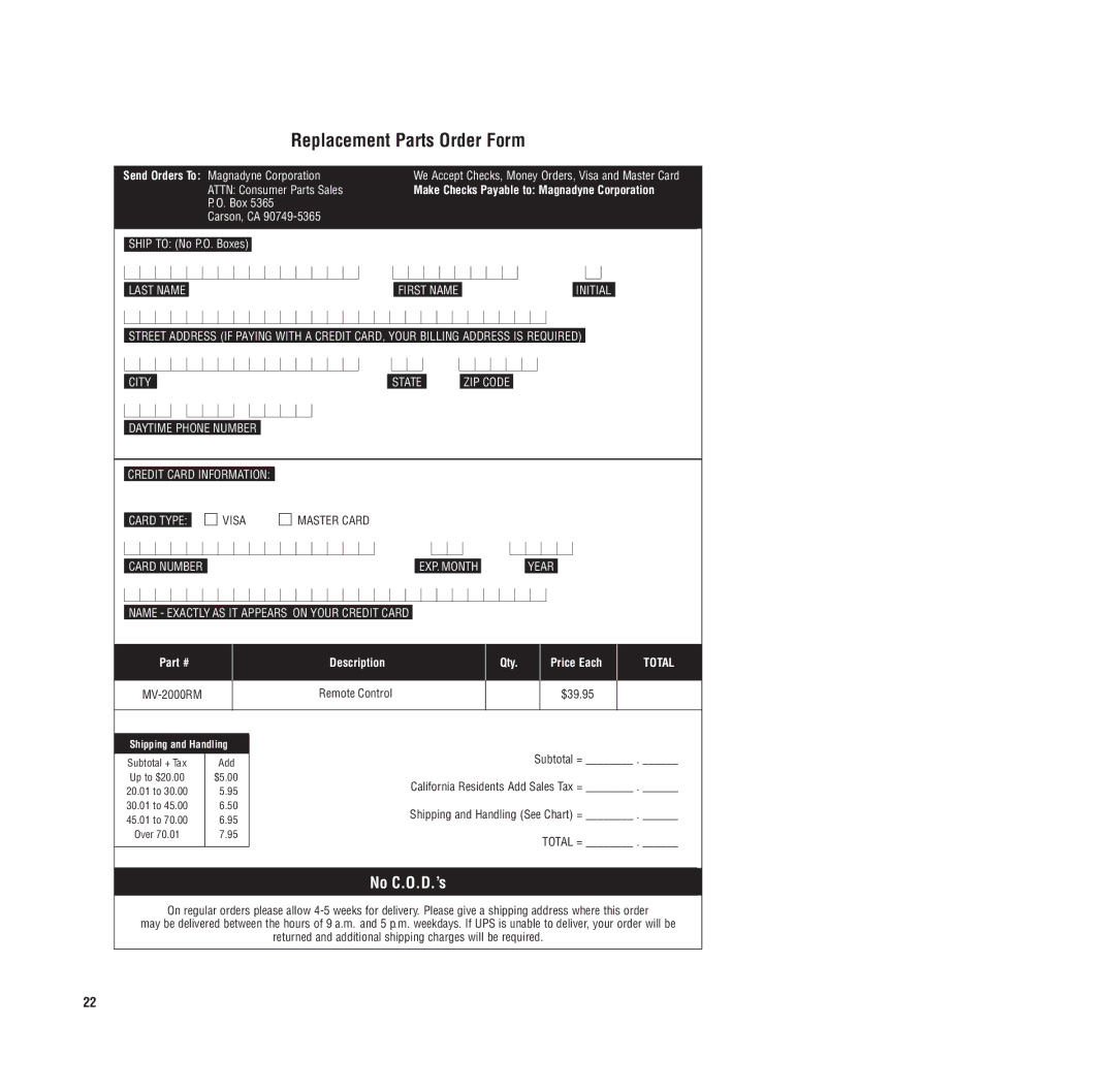 Magnadyne MV-DVD-PL3 owner manual Replacement Parts Order Form 