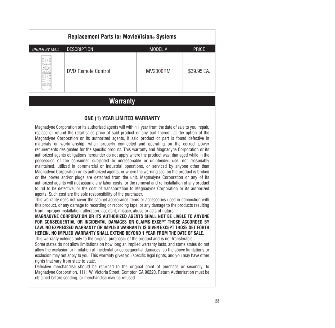Magnadyne MV-DVD-PL3 owner manual DVD Remote Control, MV2000RM, $39.95 EA, ONE 1 Year Limited Warranty 