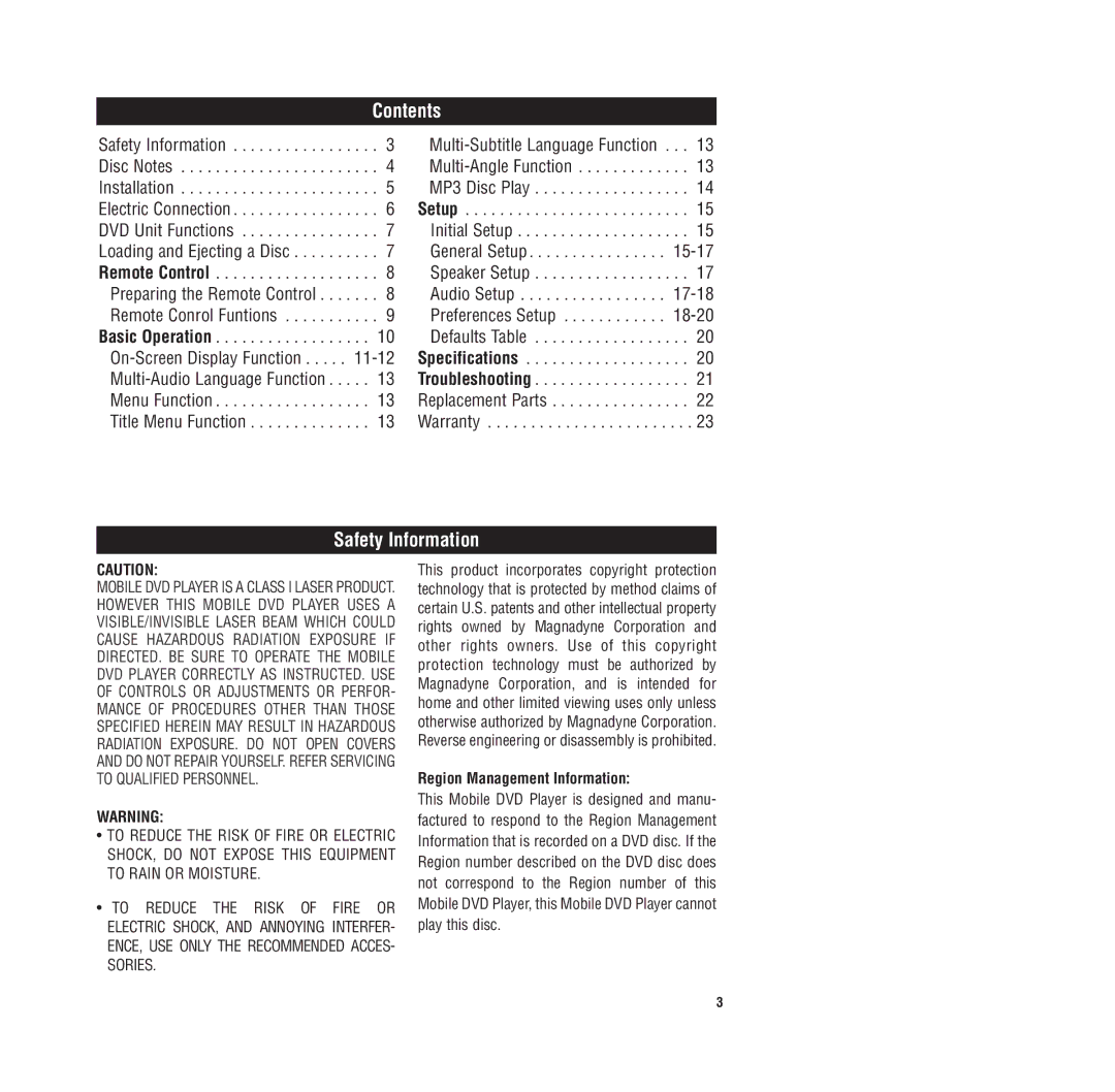 Magnadyne MV-DVD-PL3 owner manual Contents, Safety Information 