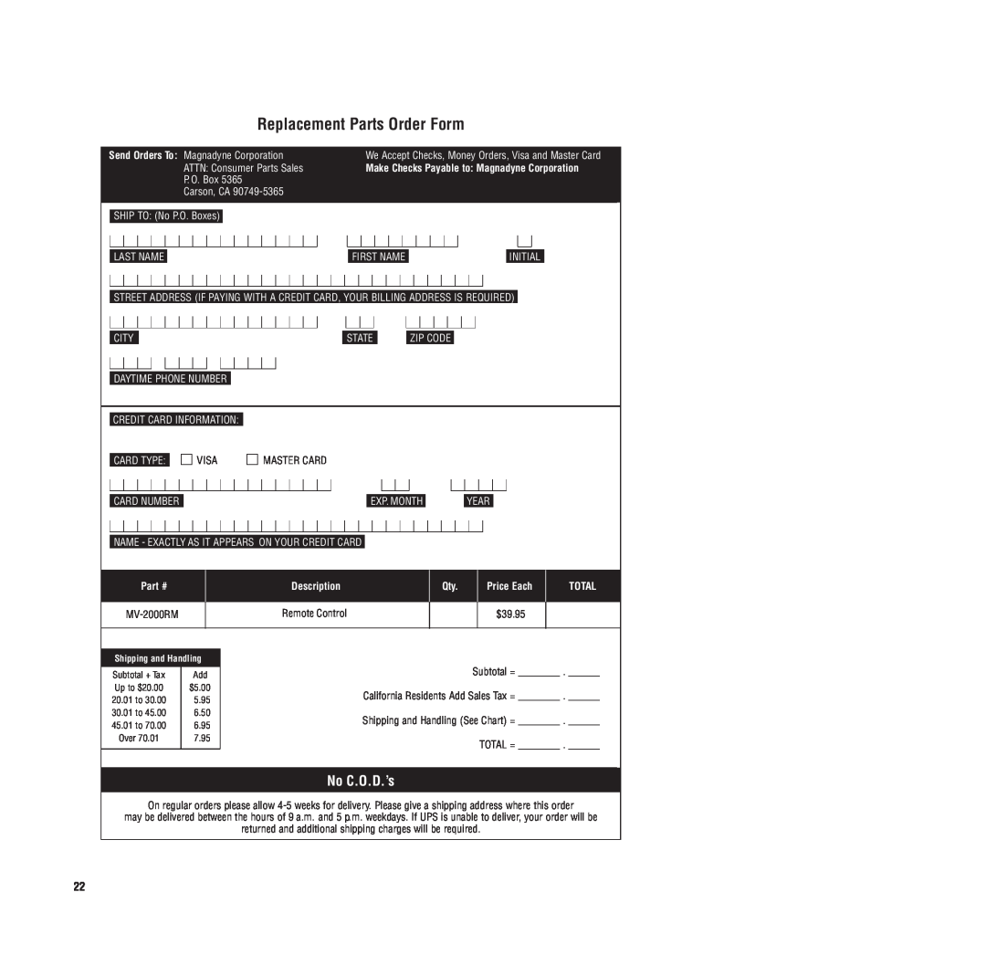Magnadyne MV-DVD-PL3 Replacement Parts Order Form, No C.O.D.’s, Send Orders To Magnadyne Corporation, Carson, CA, Initial 