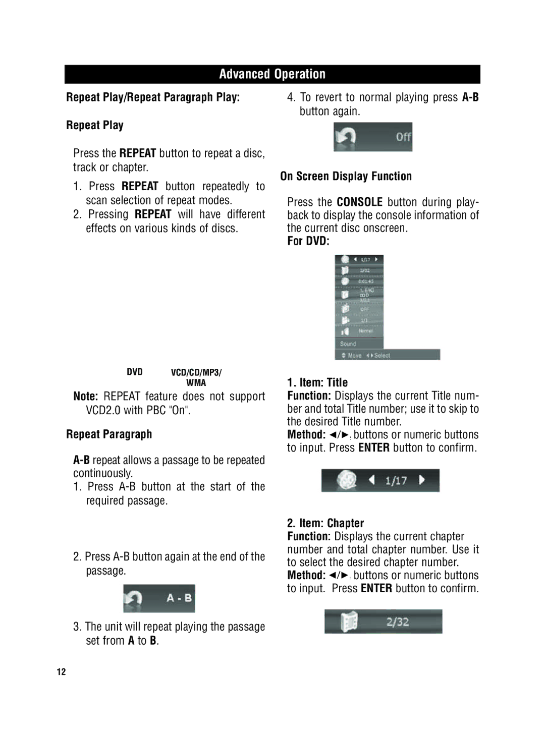 Magnadyne MV-DVD-PL5 owner manual Advanced Operation 