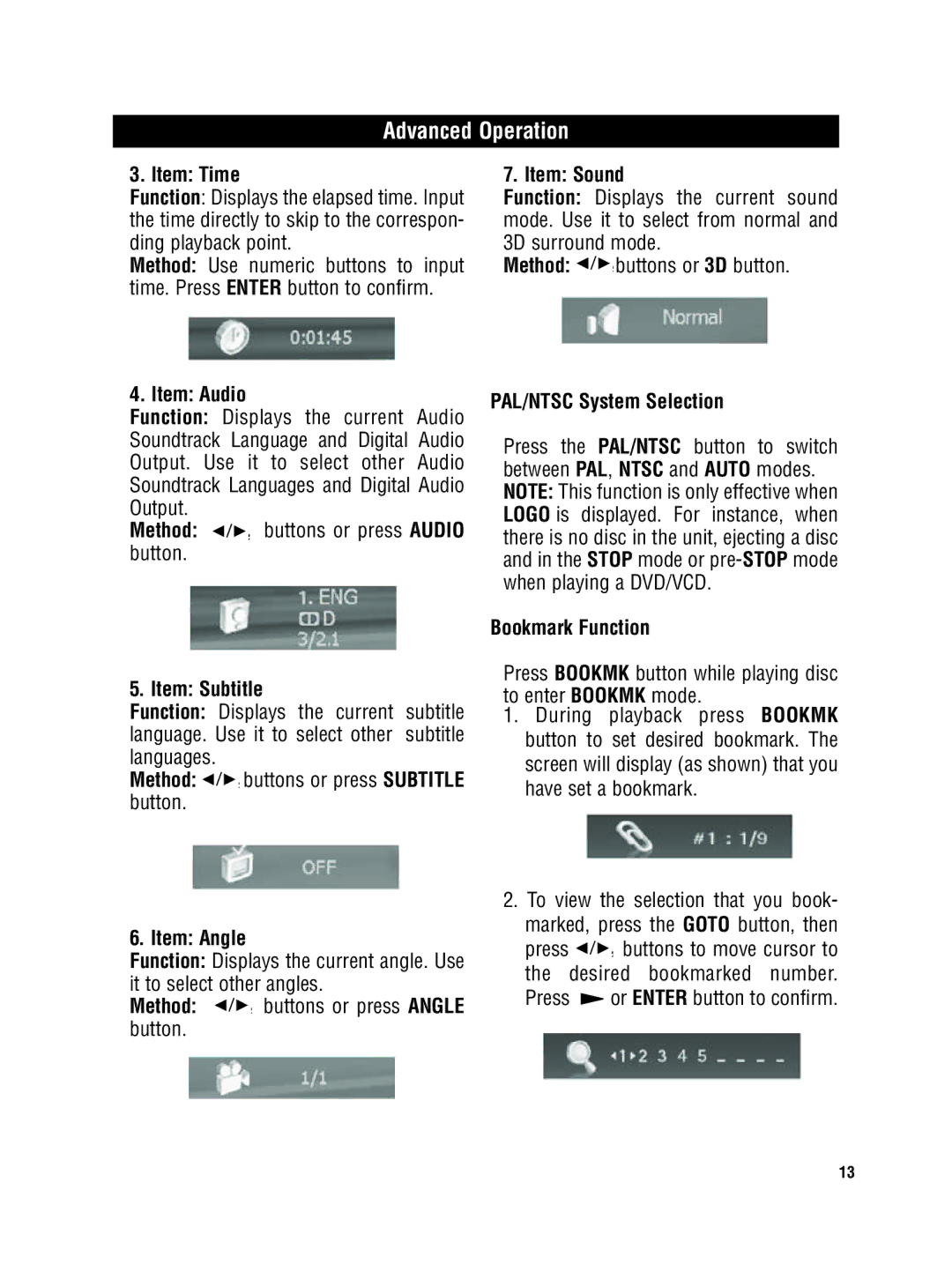 Magnadyne MV-DVD-PL5 owner manual Item Time, Item Audio, Item Subtitle, Item Angle, Item Sound, PAL/NTSC System Selection 