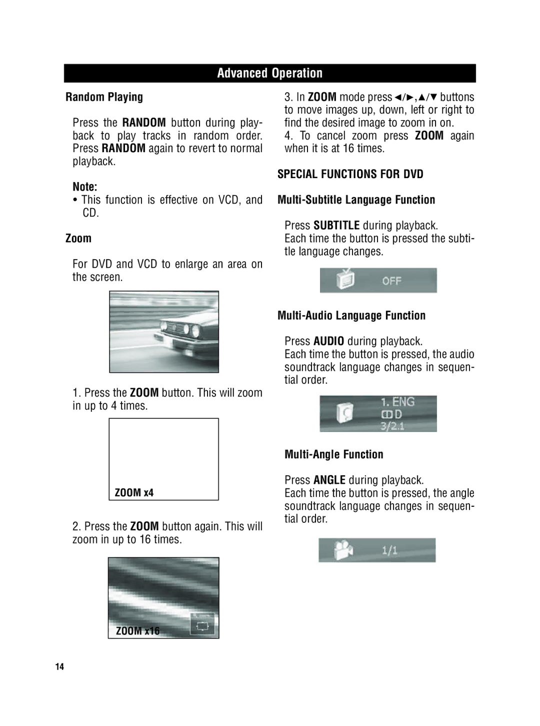 Magnadyne MV-DVD-PL5 Random Playing, To cancel zoom press Zoom again when it is at 16 times, Multi-Angle Function 