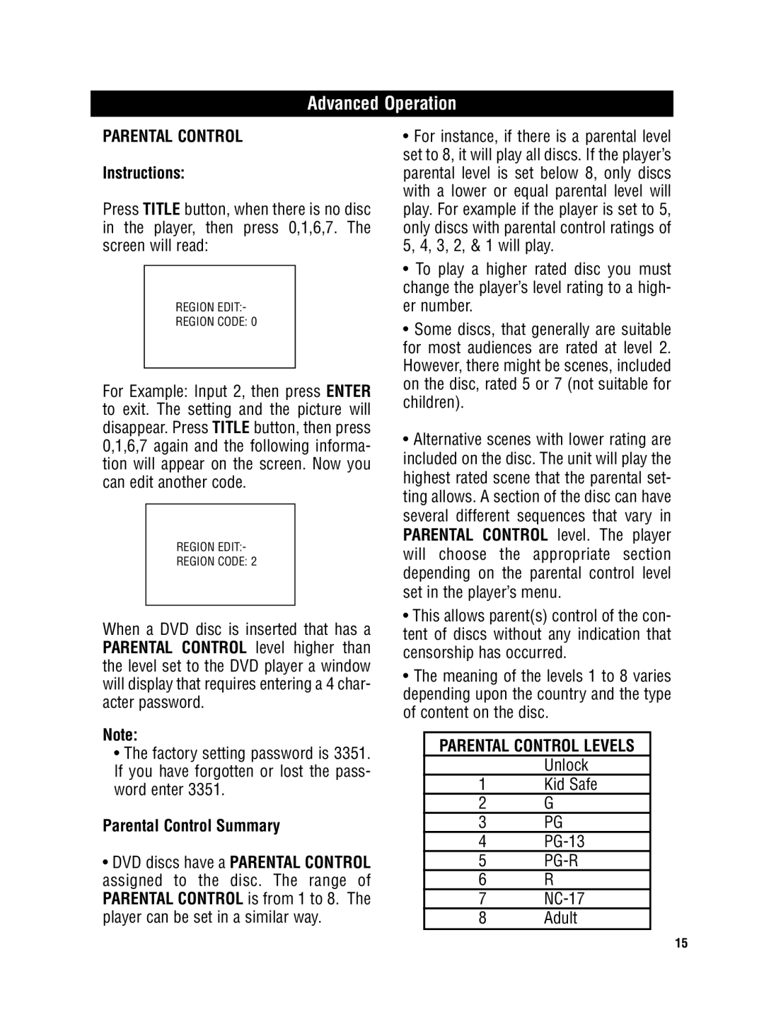 Magnadyne MV-DVD-PL5 owner manual Instructions, Parental Control Summary, Parental Control Levels 