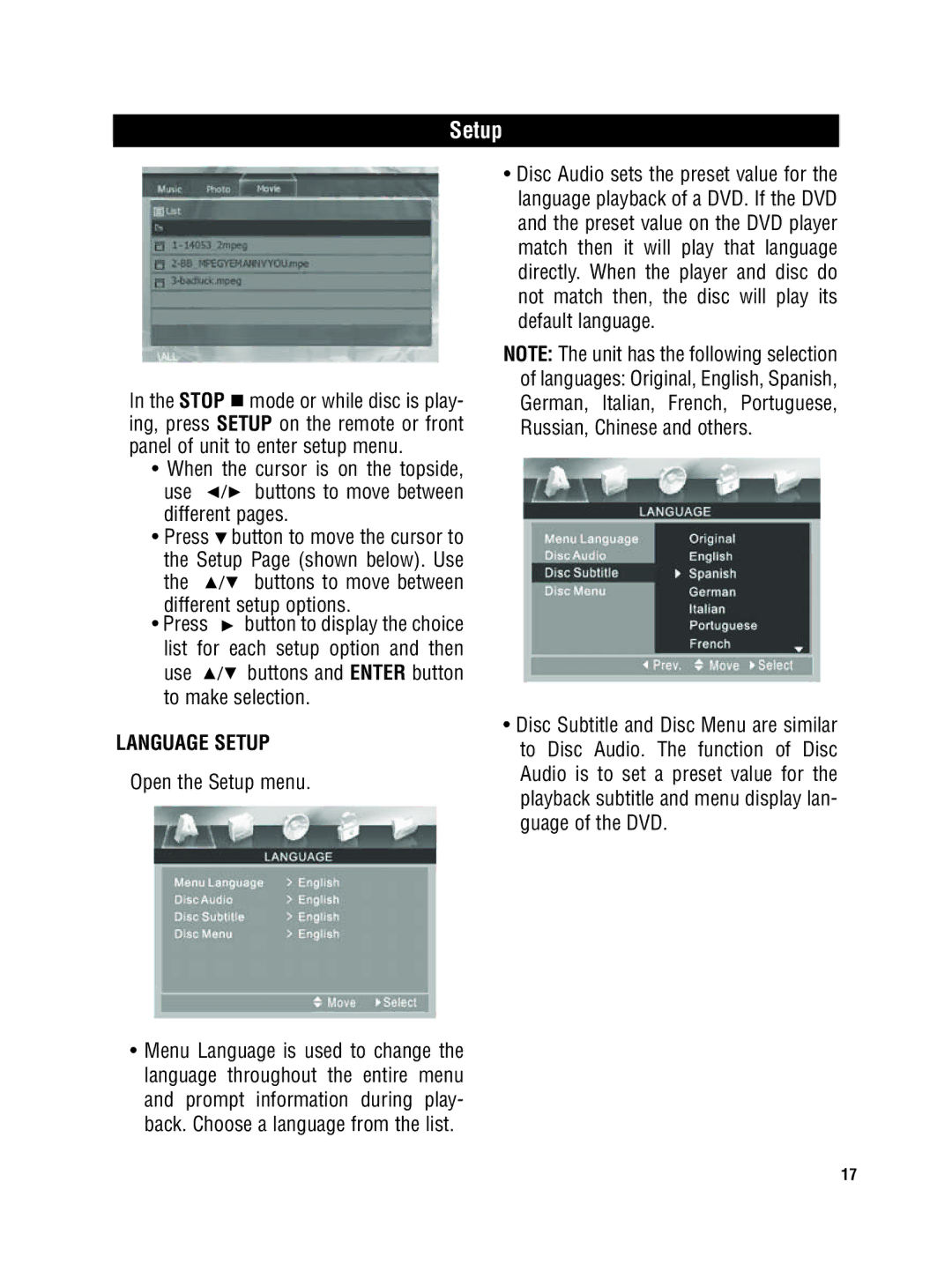 Magnadyne MV-DVD-PL5 owner manual Buttons to move between different setup options, Language Setup, Open the Setup menu 