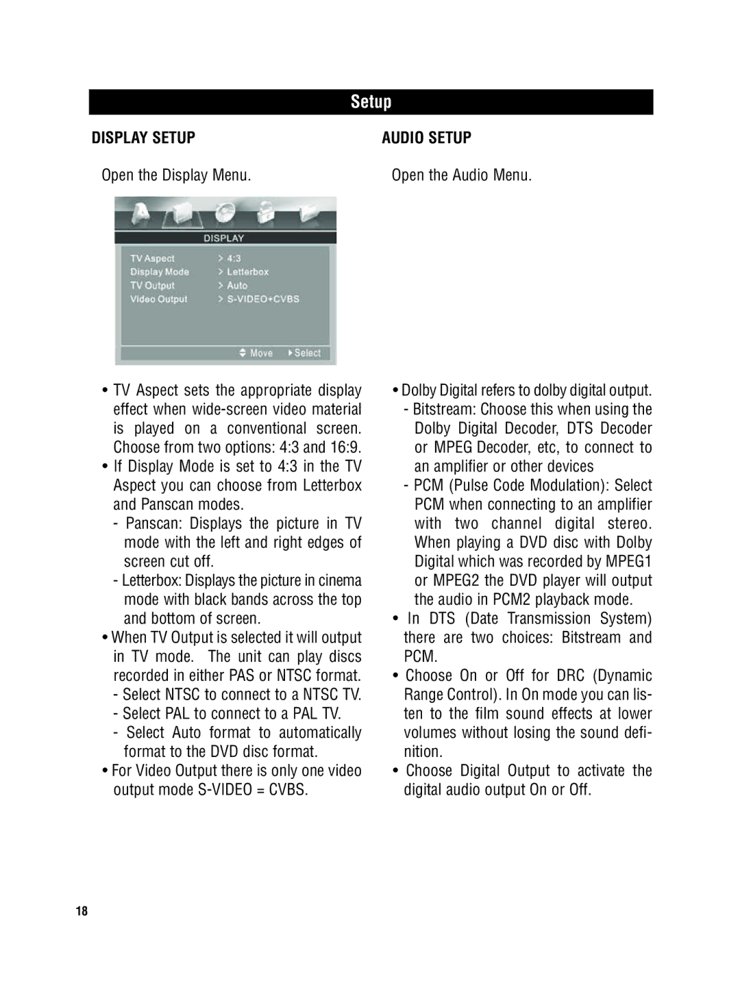 Magnadyne MV-DVD-PL5 owner manual Display Setup, Open the Display Menu, Select PAL to connect to a PAL TV, Audio Setup 