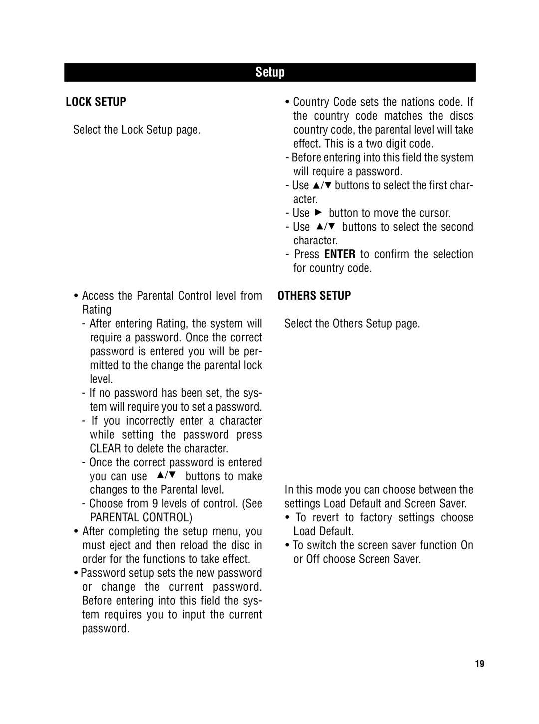 Magnadyne MV-DVD-PL5 owner manual Lock Setup, Others Setup 