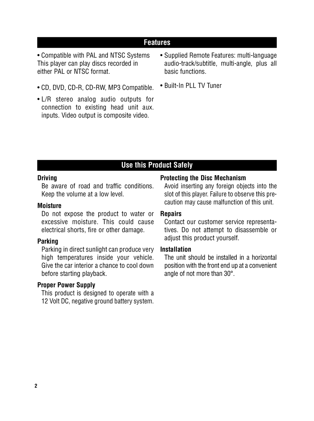 Magnadyne MV-DVD-PL5 owner manual Features, Use this Product Safely 