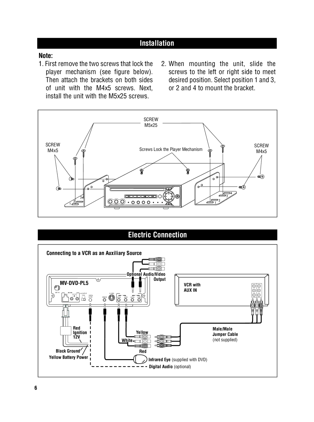 Magnadyne MV-DVD-PL5 owner manual Installation, Electric Connection 