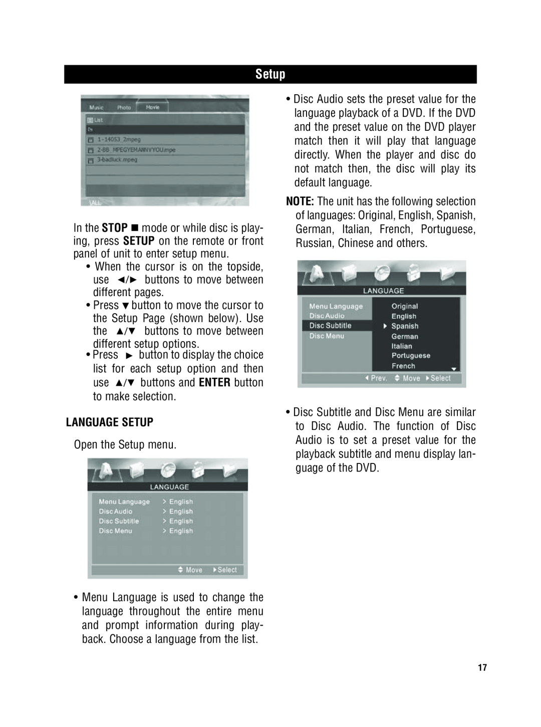 Magnadyne MV-DVD-PL5 owner manual Language Setup 