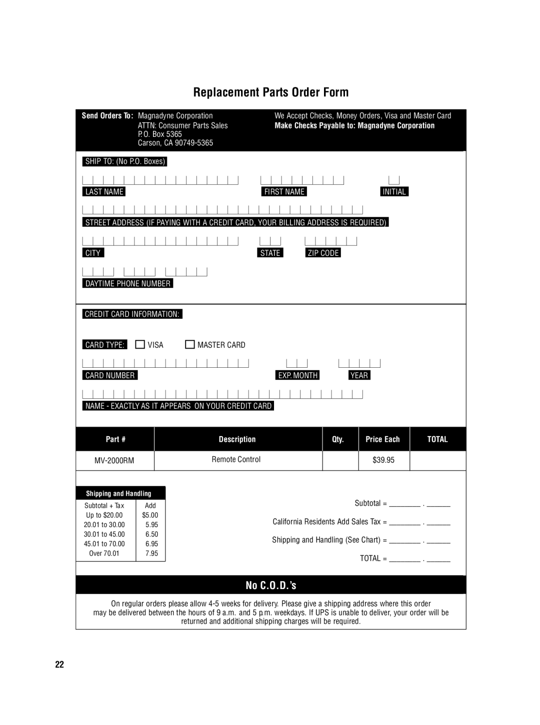 Magnadyne MV-DVD-PL5 Replacement Parts Order Form, No C.O.D.’s, Make Checks Payable to Magnadyne Corporation, Description 
