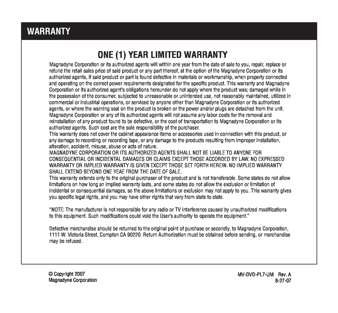 Magnadyne MV-DVD-PL7 owner manual Warranty, ONE 1 YEAR LIMITED WARRANTY 