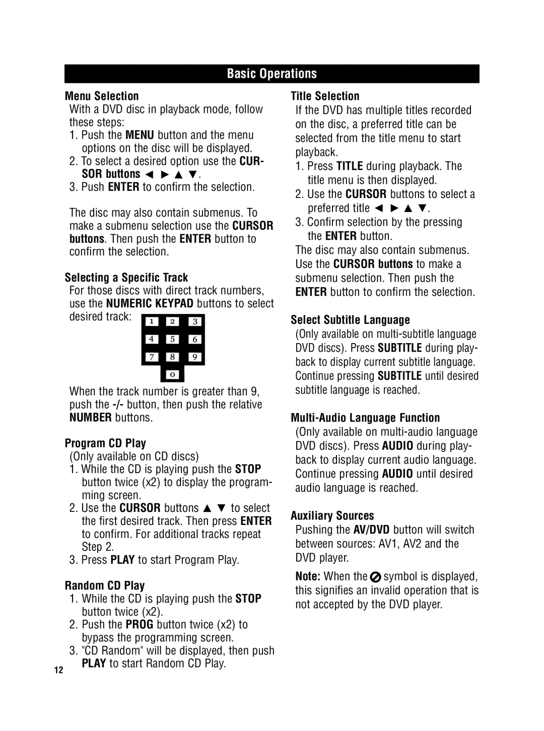 Magnadyne MV-DVD-PL8 owner manual Menu Selection, SOR buttons, Selecting a Specific Track, Program CD Play, Random CD Play 