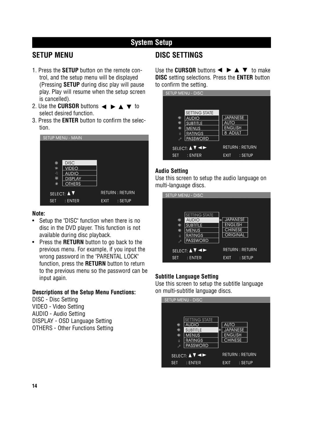 Magnadyne MV-DVD-PL8 owner manual System Setup, Disc Settings 