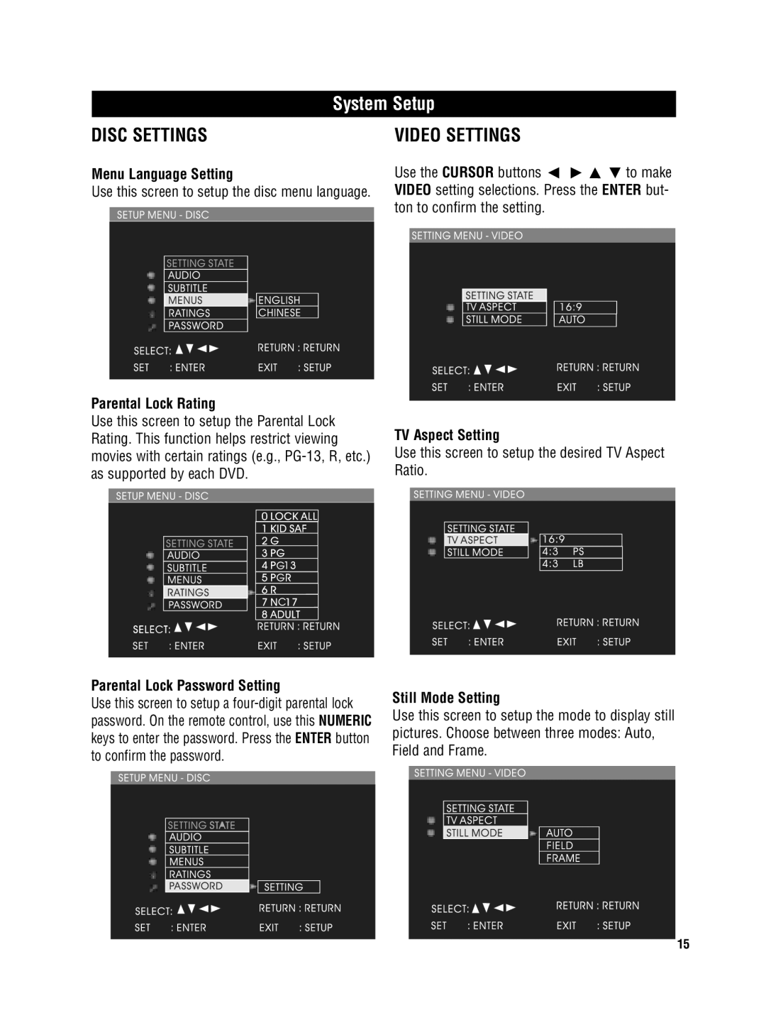 Magnadyne MV-DVD-PL8 owner manual Disc Settings, Video Settings 