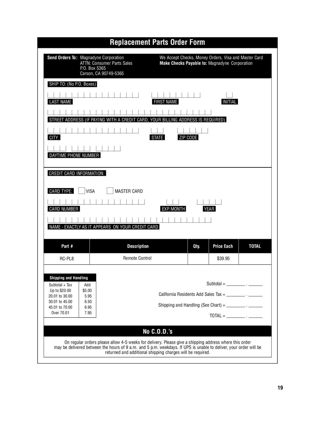 Magnadyne MV-DVD-PL8 owner manual Replacement Parts Order Form, Make Checks Payable to Magnadyne Corporation 