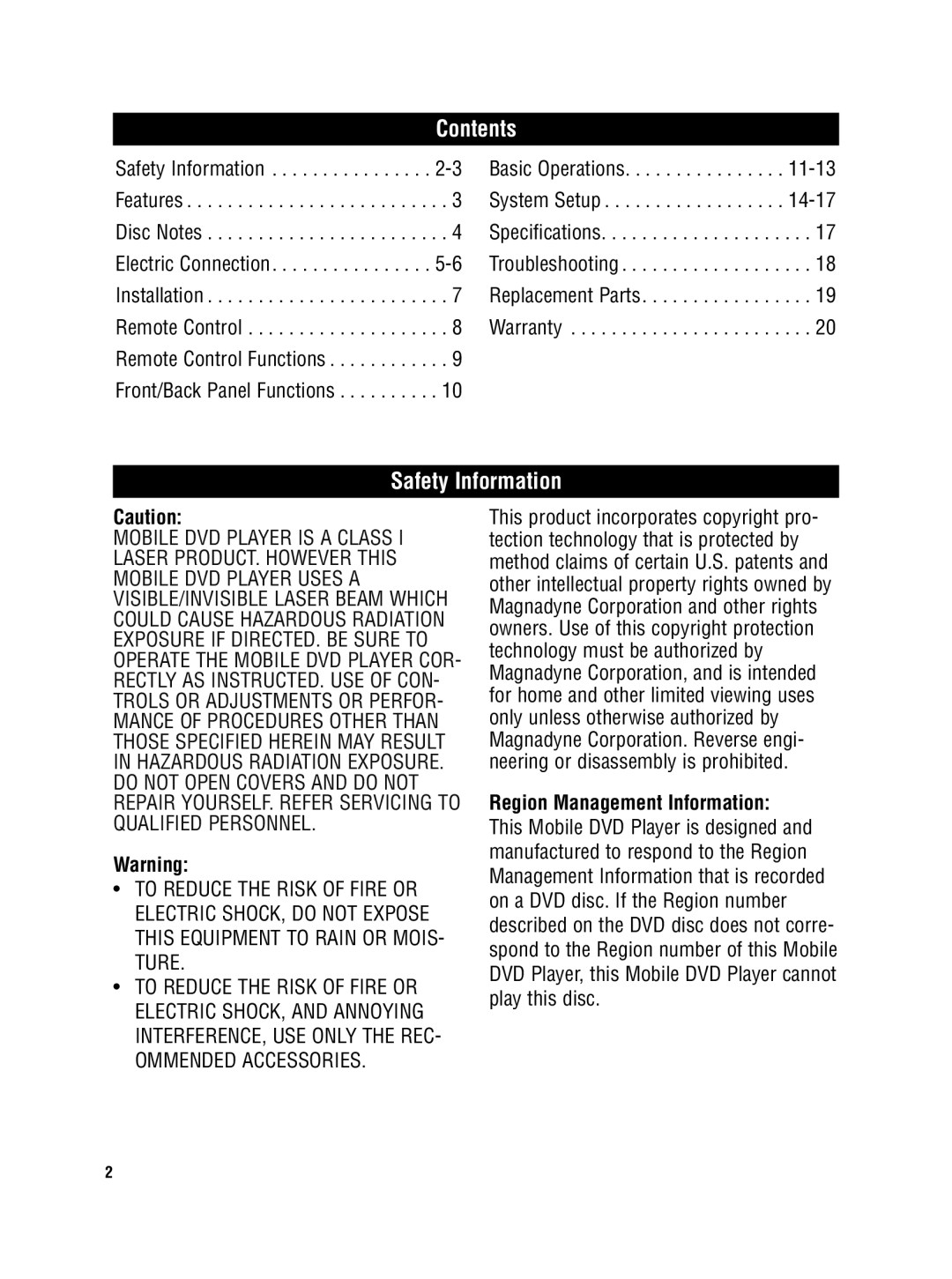 Magnadyne MV-DVD-PL8 owner manual Contents, Safety Information 