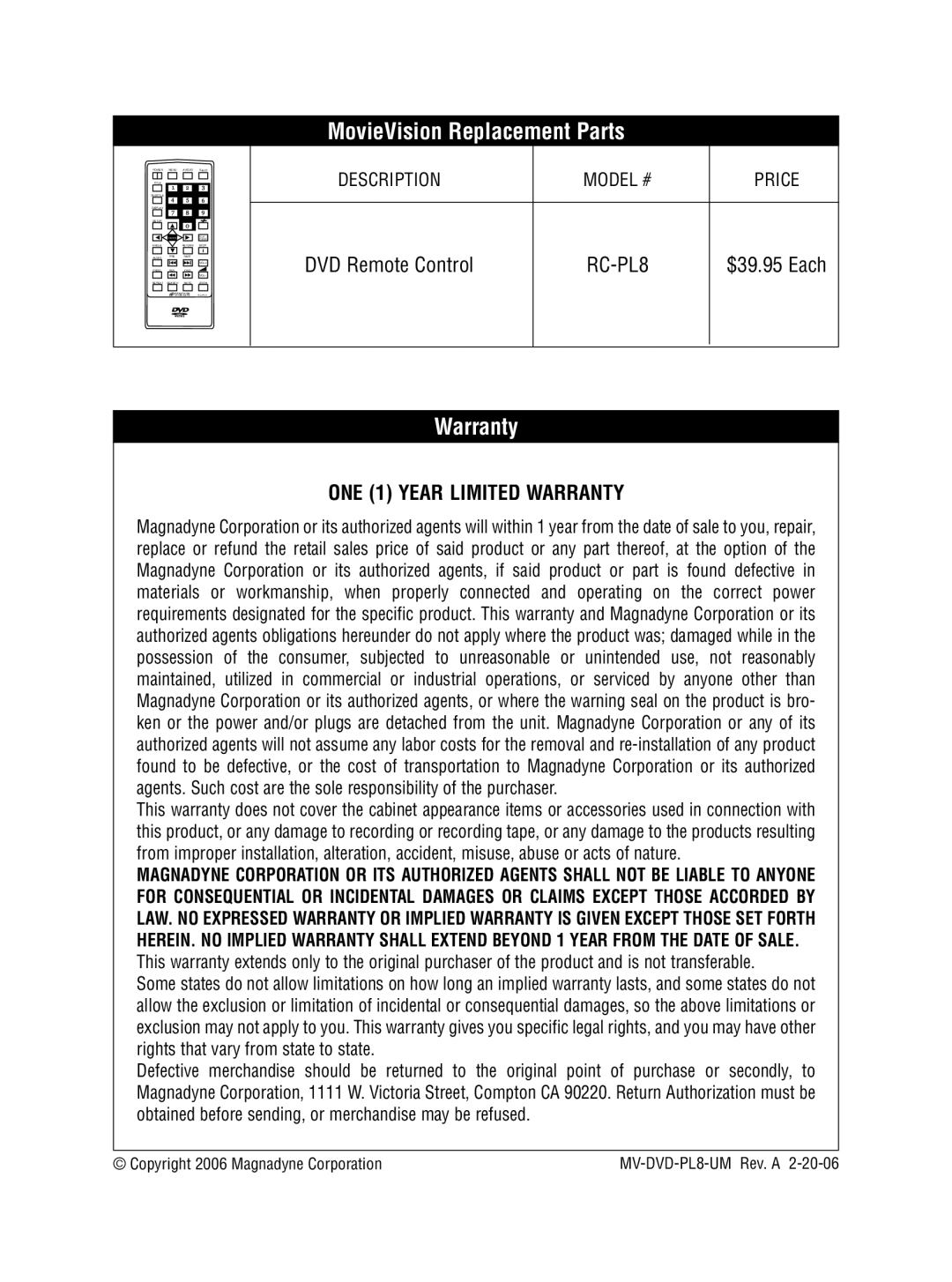 Magnadyne MV-DVD-PL8 owner manual MovieVision Replacement Parts, Warranty 