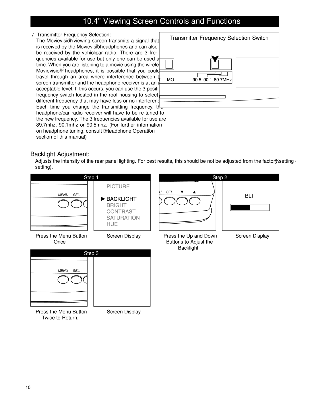 Magnadyne MV-VCRUSER02 owner manual Backlight Adjustment, Press the Up and Down Buttons to Adjust Backlight, Screen Display 