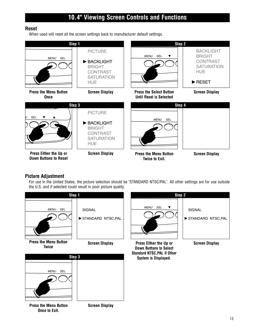 Magnadyne MV-VCRUSER02 owner manual Reset, Picture Adjustment 