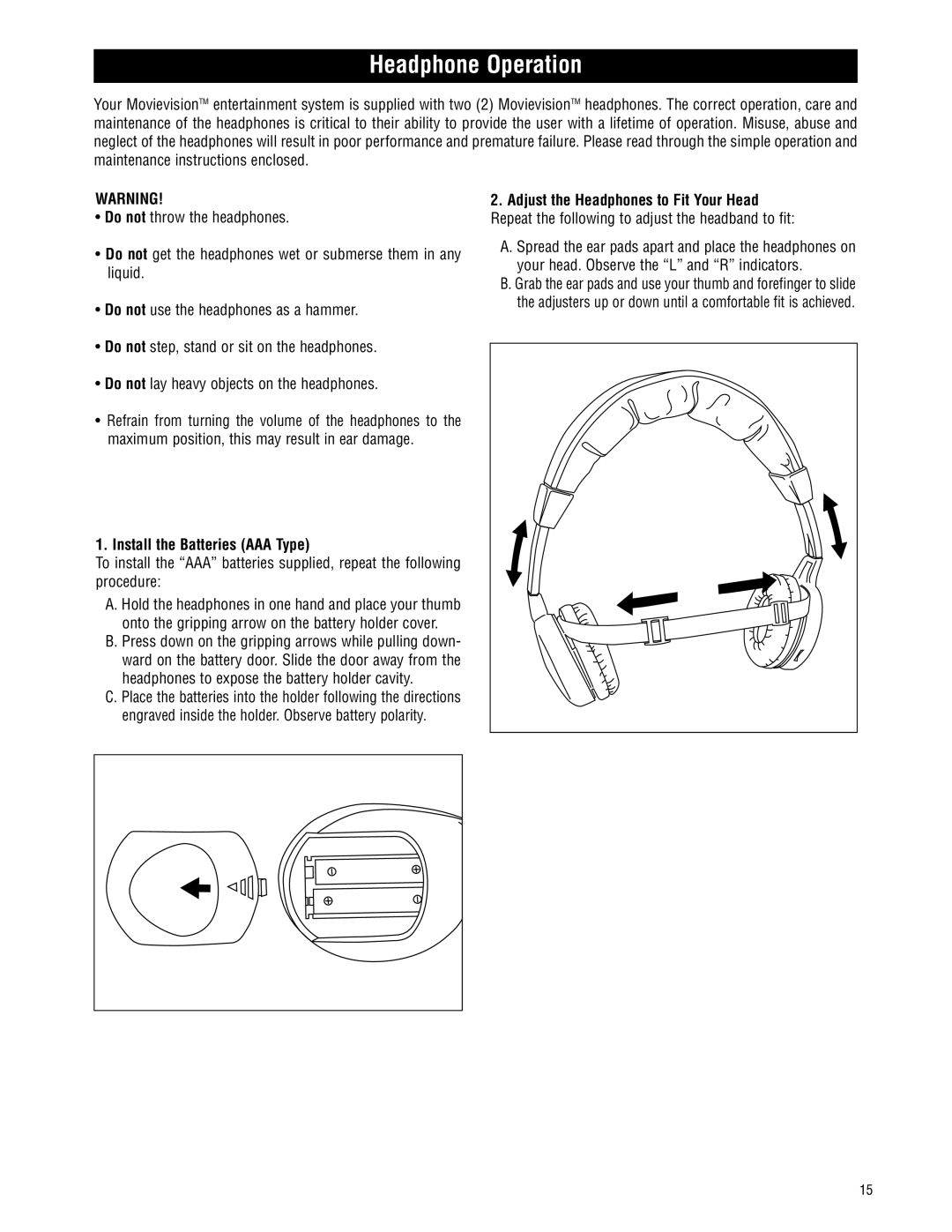 Magnadyne MV-VCRUSER02 owner manual Headphone Operation, Install the Batteries AAA Type 