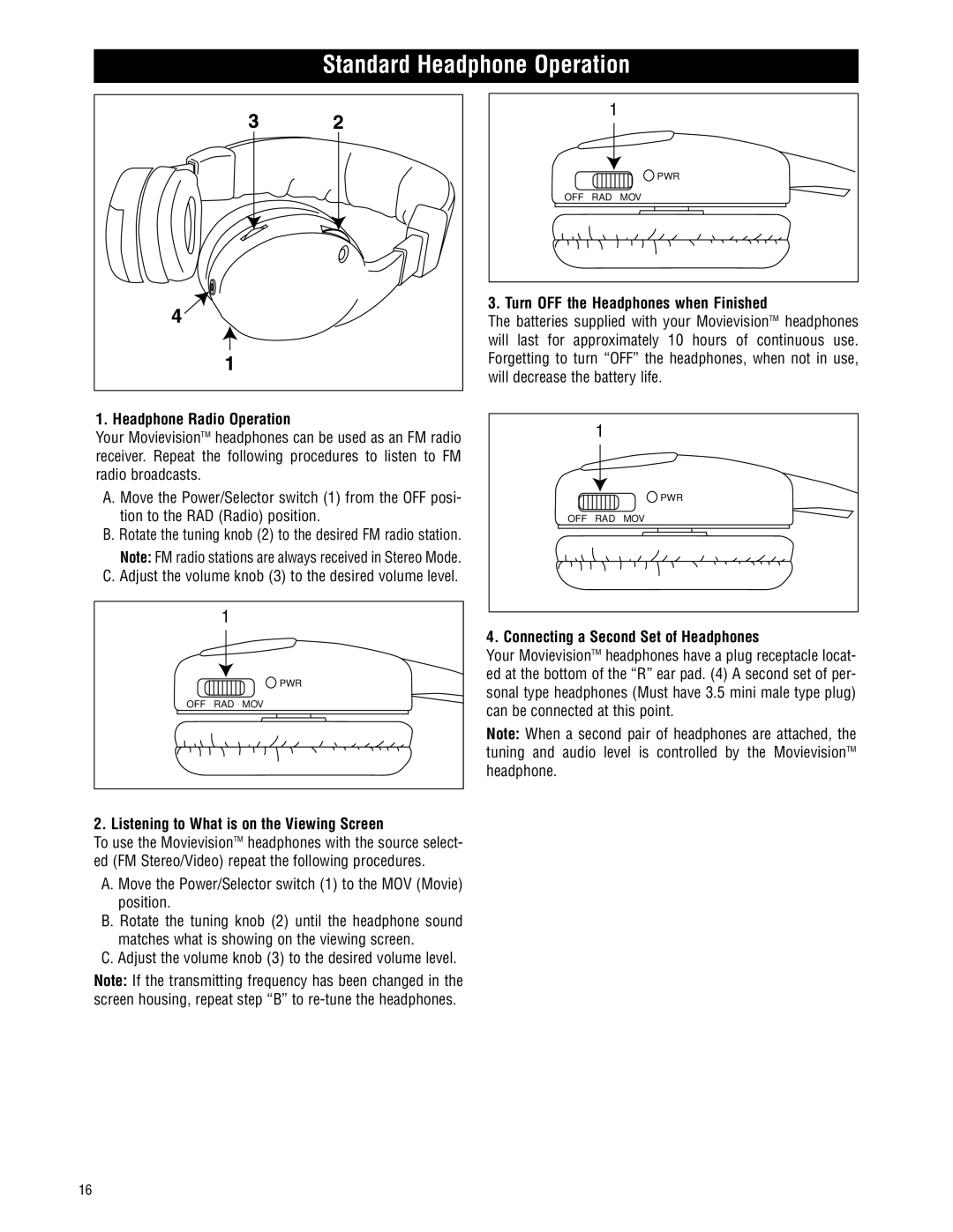 Magnadyne MV-VCRUSER02 Standard Headphone Operation, Headphone Radio Operation, Listening to What is on the Viewing Screen 