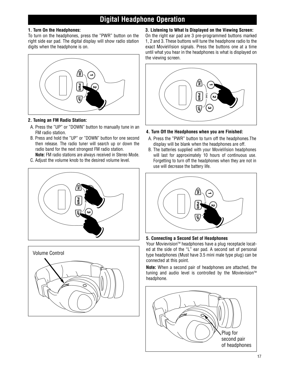 Magnadyne MV-VCRUSER02 owner manual Digital Headphone Operation, Turn On the Headphones, Tuning an FM Radio Station 