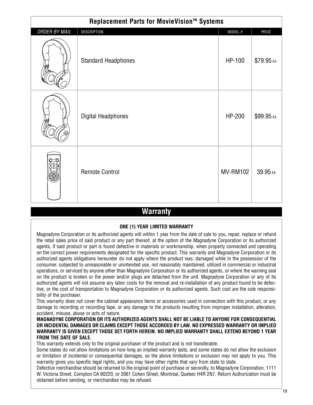 Magnadyne MV-VCRUSER02 owner manual Warranty, Replacement Parts for MovieVisionTM Systems 