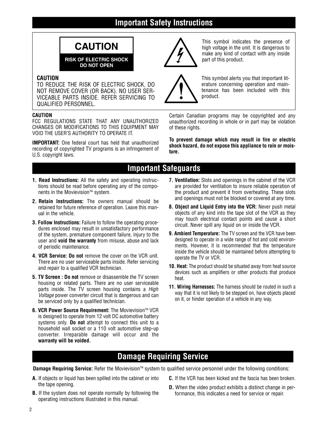 Magnadyne MV-VCRUSER02 owner manual Important Safety Instructions, Important Safeguards, Damage Requiring Service 