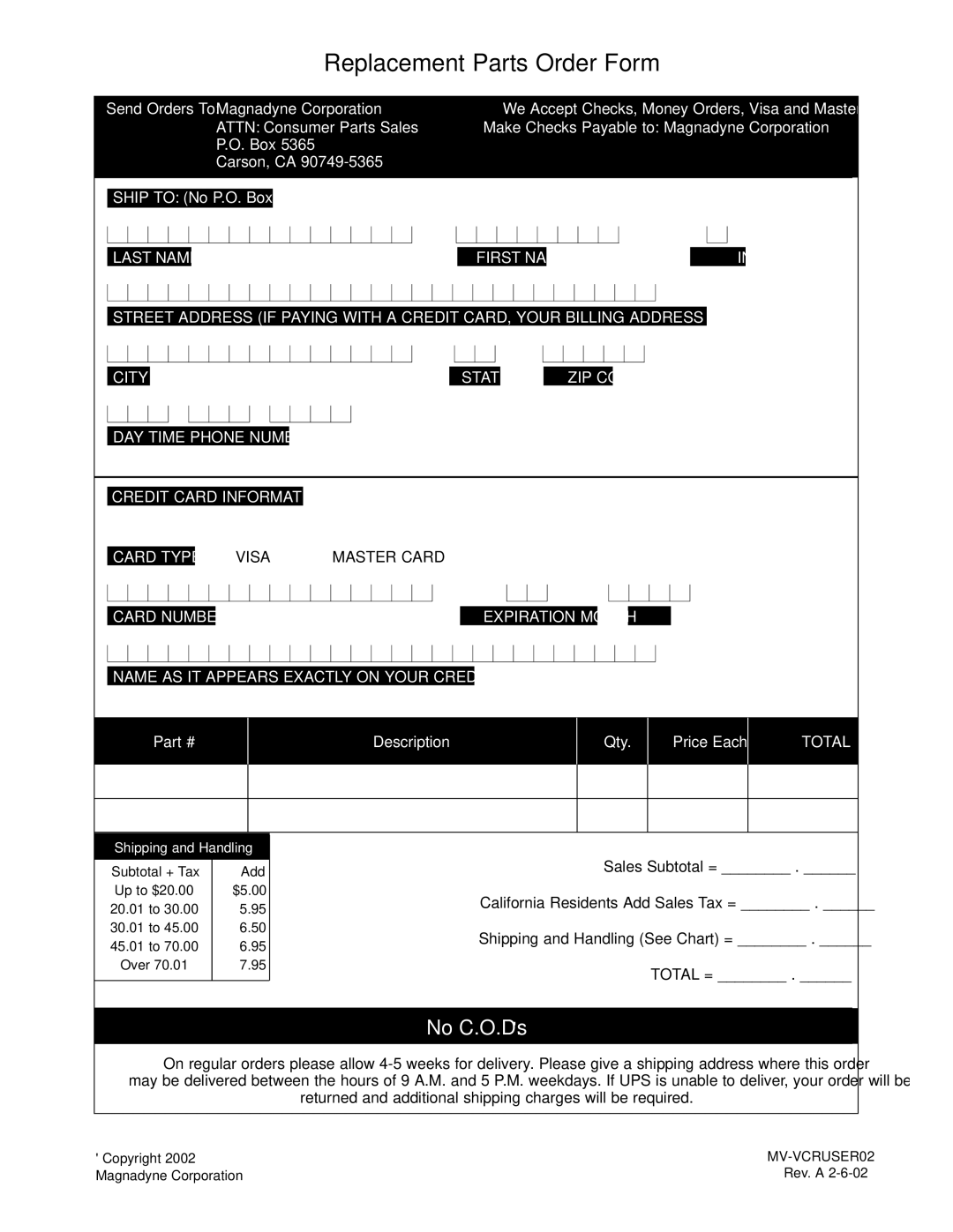 Magnadyne MV-VCRUSER02 owner manual Replacement Parts Order Form 