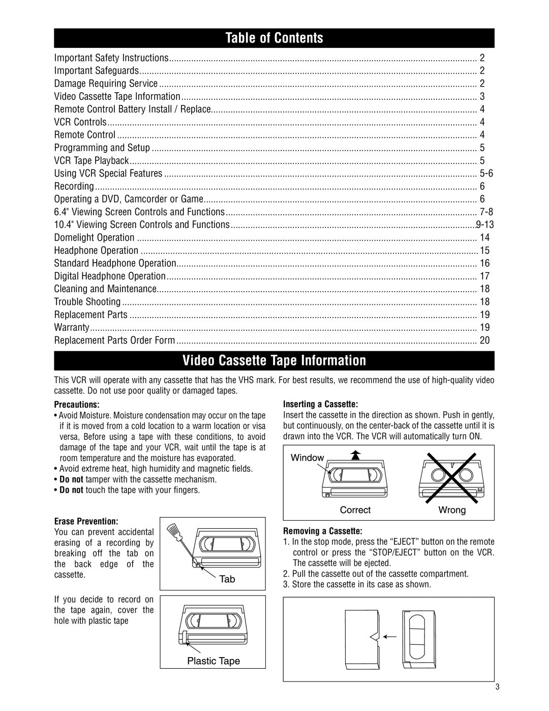 Magnadyne MV-VCRUSER02 owner manual Table of Contents, Video Cassette Tape Information 