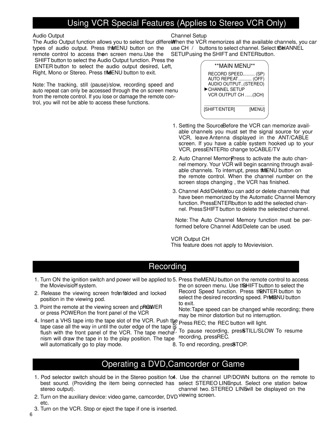 Magnadyne MV-VCRUSER02 Using VCR Special Features Applies to Stereo VCR Only, Recording, Operating a DVD,Camcorder or Game 