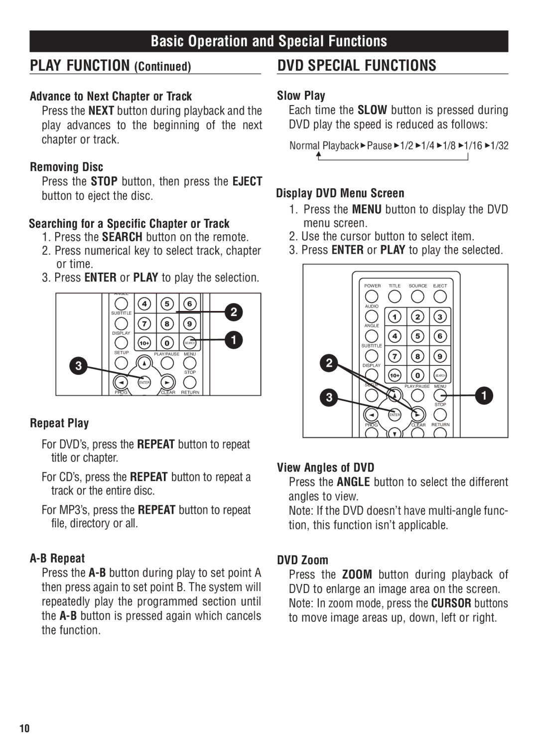 Magnadyne MV1020C owner manual Basic Operation and Special Functions, DVD Special Functions 