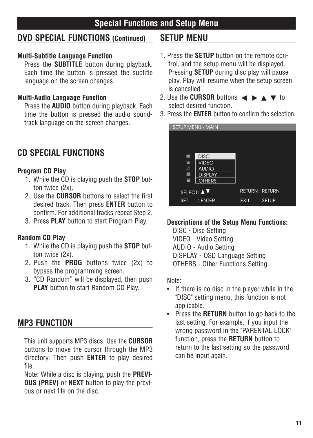 Magnadyne MV1020C owner manual Special Functions and Setup Menu, CD Special Functions, MP3 Function 