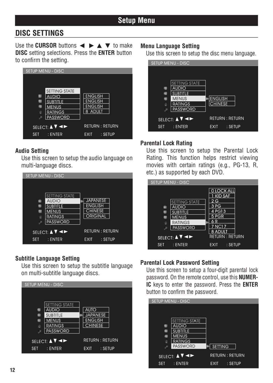 Magnadyne MV1020C owner manual Setup Menu, Disc Settings 