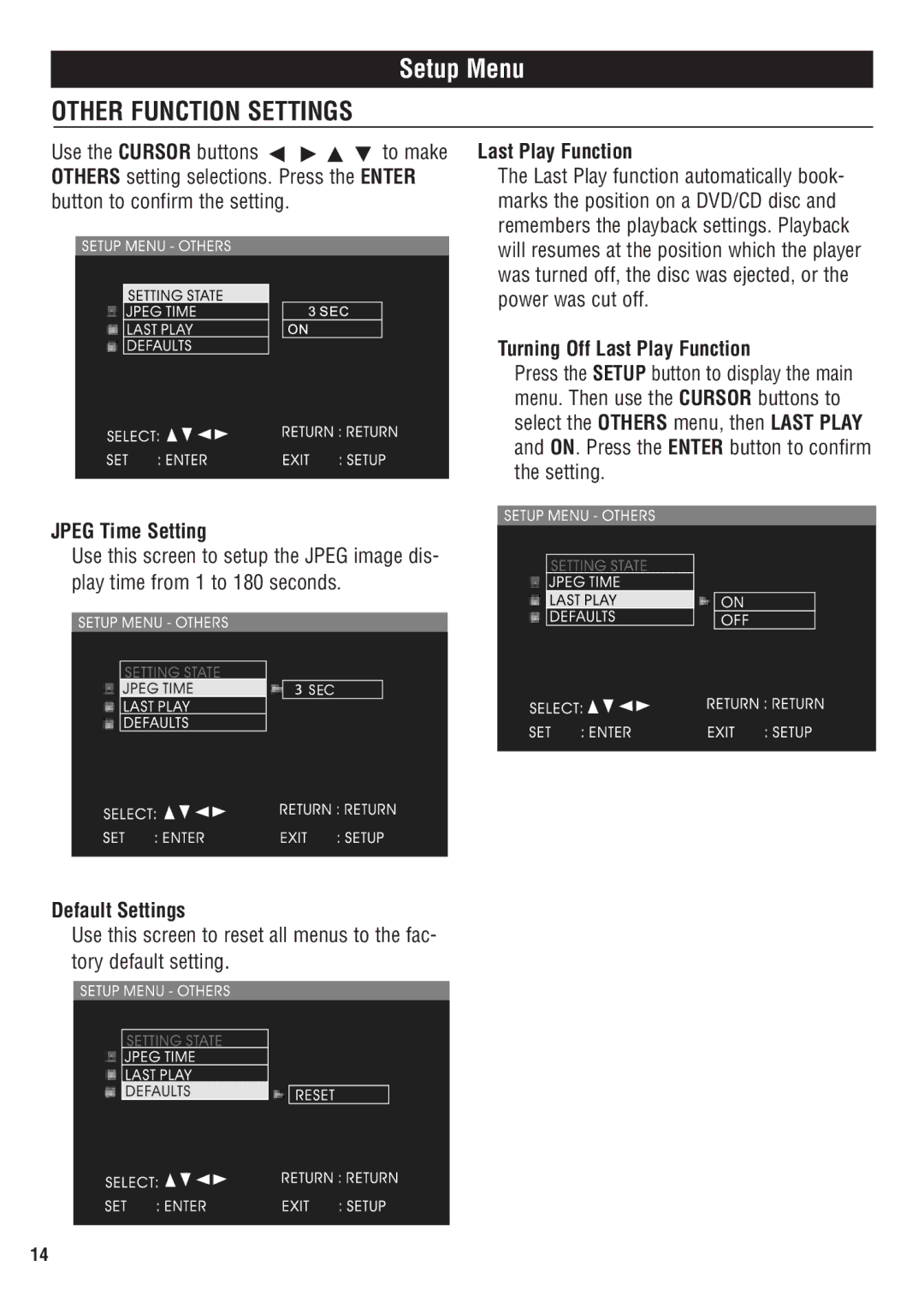 Magnadyne MV1020C Other Function Settings, Jpeg Time Setting, Turning Off Last Play Function, Default Settings 