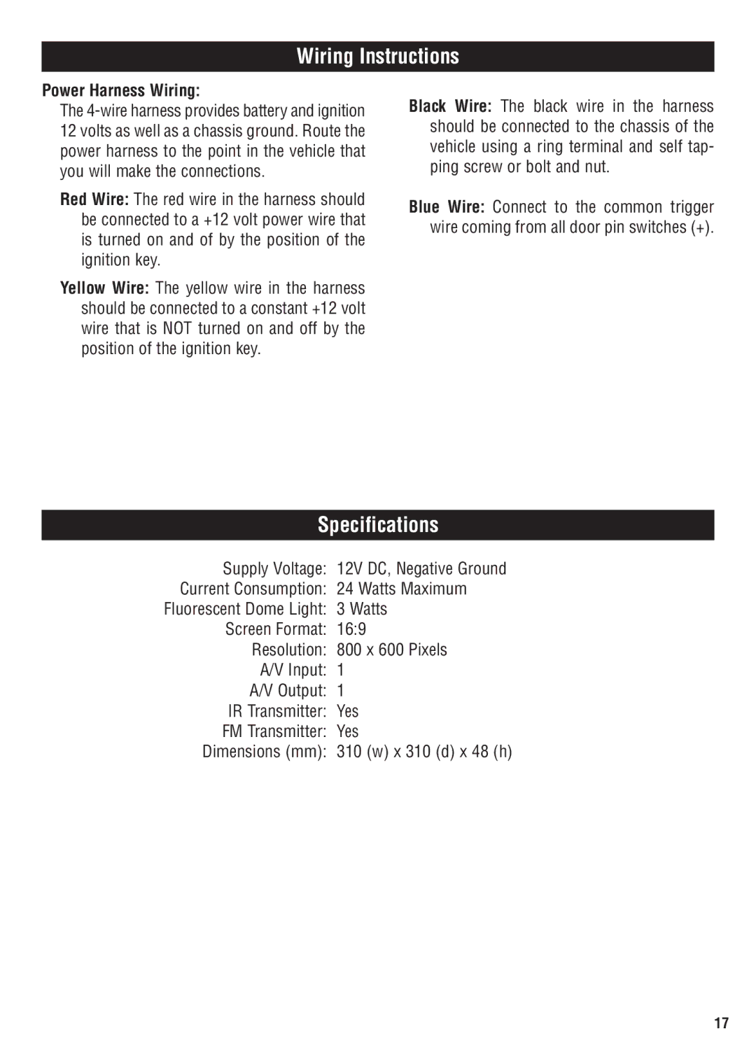 Magnadyne MV1020C owner manual Wiring Instructions, Specifications, Power Harness Wiring 