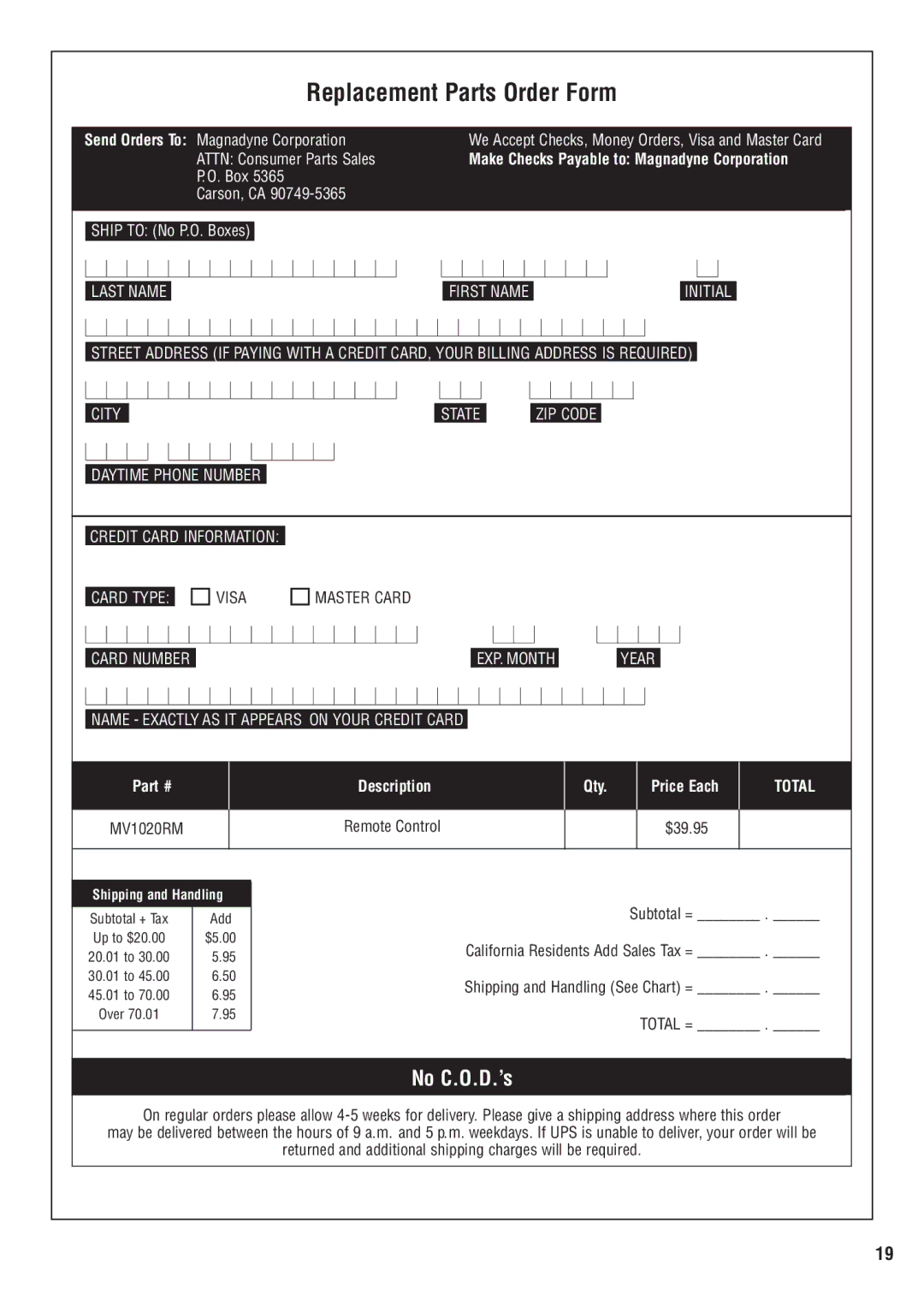 Magnadyne MV1020C owner manual Replacement Parts Order Form 