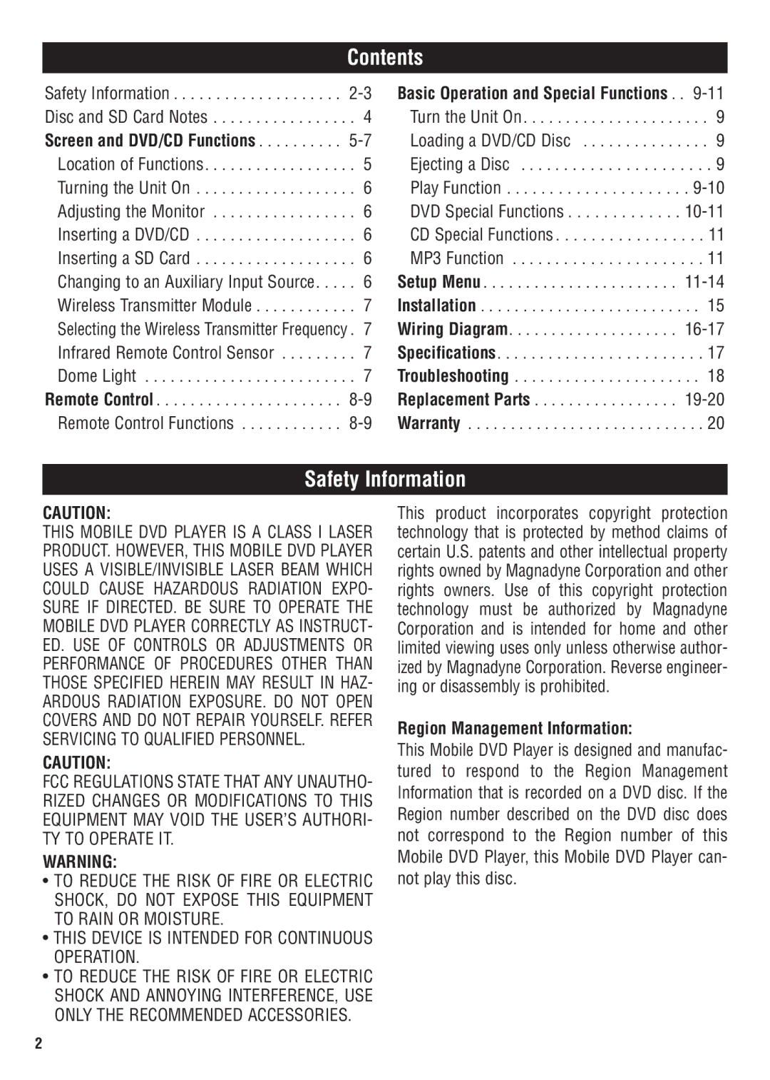 Magnadyne MV1020C owner manual Contents, Safety Information 